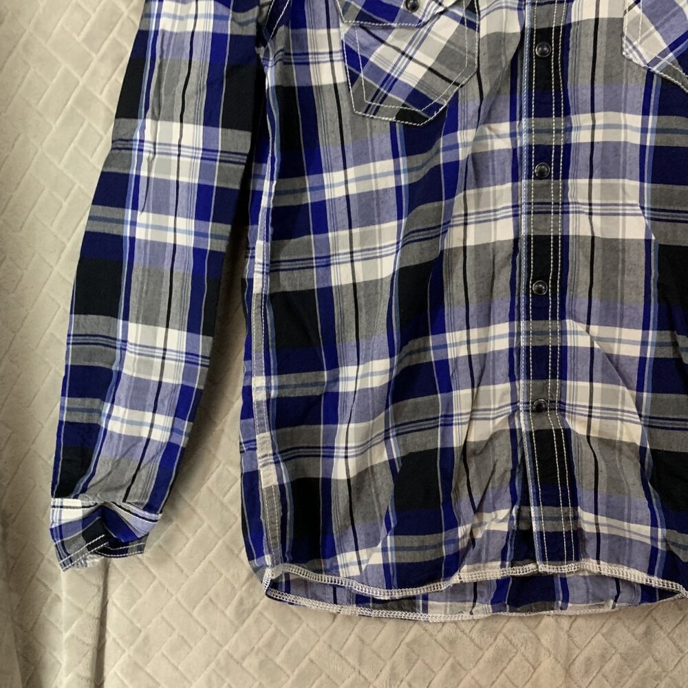 Route 66 Mens Medium Button Up Shirt Blue Plaid Pearl Snap Long Sleeve Western - Picture 3 of 15